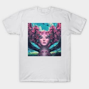 Beautiful portrait of pretty young woman face with flowers in spring T-Shirt